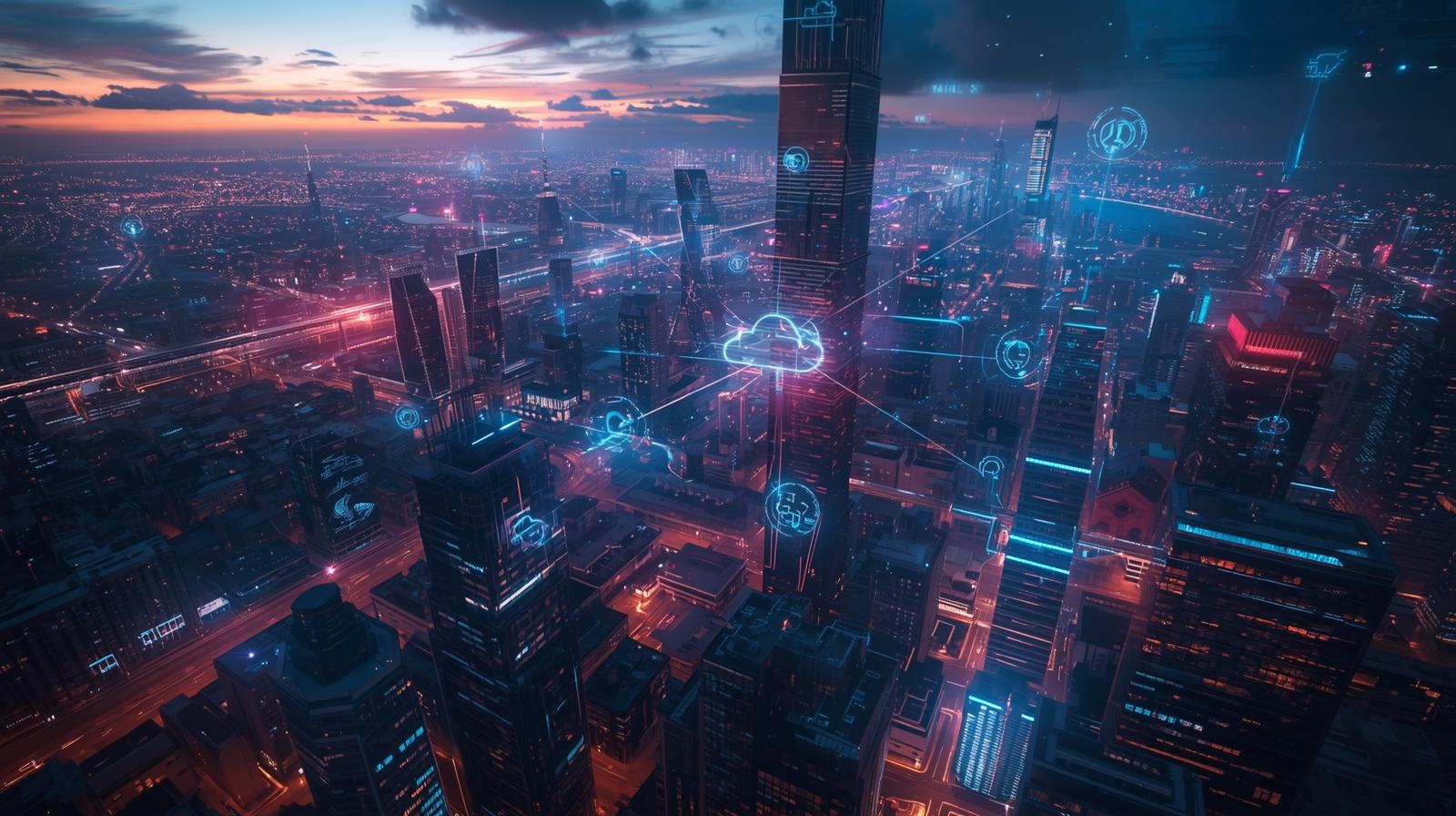 Futuristic city skyline with digital overlays showing data flows, IoT nodes, and cloud connections.